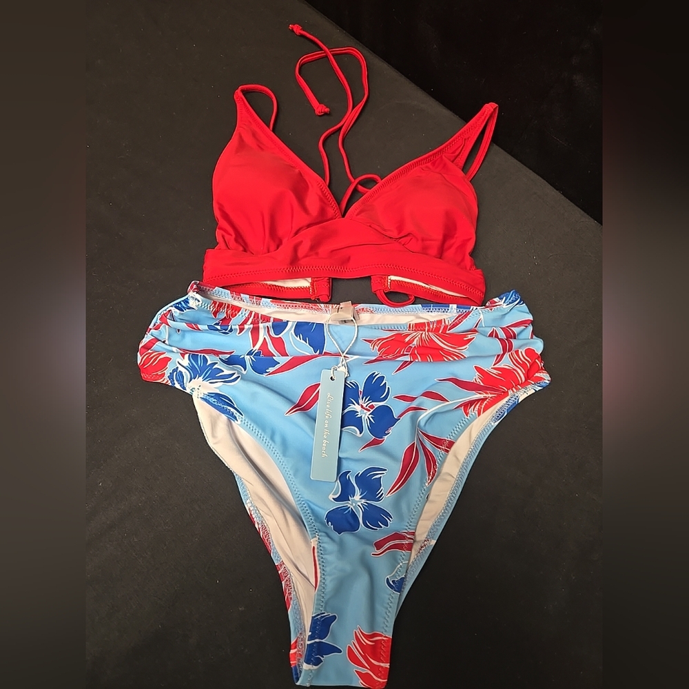 Small 2 Piece Bikini Floral Bottoms Red Top